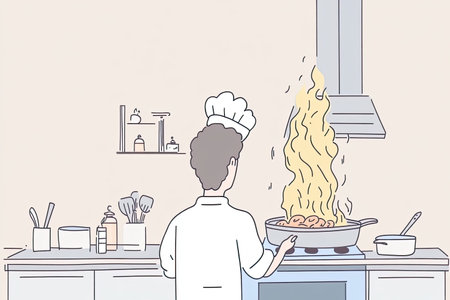 A dedicated chef prepares a delectable dish in a busy kitchen, expertly managing flames while cooking on the stovetop, showcasing culinary skill and focus.の写真素材