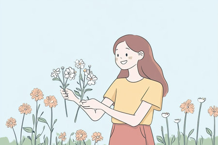 A cheerful person enjoys picking flowers in a bright garden, surrounded by colorful blooms. This hand-drawn illustration captures the joy and beauty of nature.の写真素材