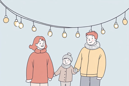A cheerful family walking together through a holiday market, surrounded by festive lights, capturing the joy of the season in a cozy atmosphere.の写真素材