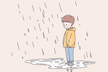 A cheerful child in a bright yellow raincoat joyfully plays in puddles during a rain shower, splashing water around and embracing the joy of a rainy day.の写真素材