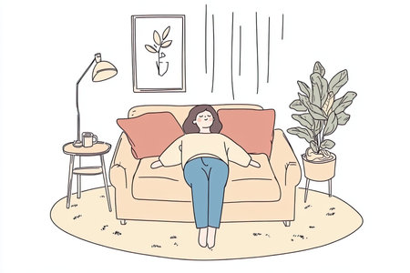 A cozy scene featuring a person taking a peaceful nap on a living room rug, surrounded by comfortable furniture and a serene indoor atmosphere.の写真素材