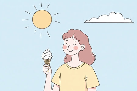 A cheerful person enjoys an ice cream cone on a hot summer day, radiating joy. The bright blue sky...