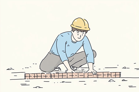 A construction worker diligently lays bricks while measuring a new foundation. Safety gear is...