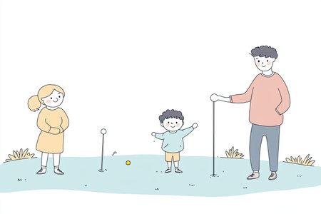 Family Enjoys Mini Golf Outdoors with Kidsの写真素材