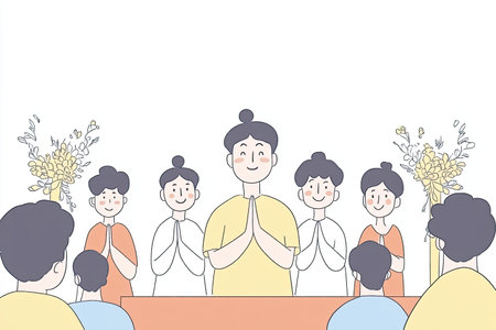 A serene scene depicting a group of individuals chanting in a temple setting. This illustration captures the essence of spiritual connection and communal worship during a religious ceremony.の写真素材