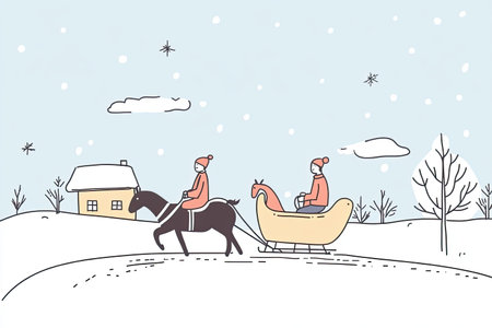 A delightful winter scene featuring a couple taking a charming horse-drawn sleigh ride through a snowy landscape, surrounded by trees and a cozy house.の写真素材