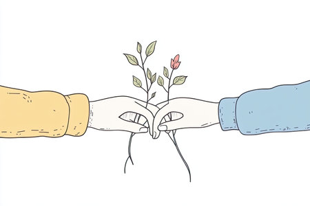 Two hands gently touch, surrounded by growing vines and flowers, symbolizing connection and nurture in nature, depicted in a minimalist artistic style.の写真素材