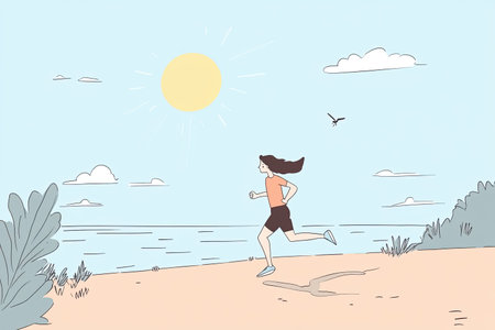 A vibrant illustration of a runner sprinting along a coastal path at sunrise. This scene captures the essence of an energetic morning routine in a stunning natural setting.の写真素材