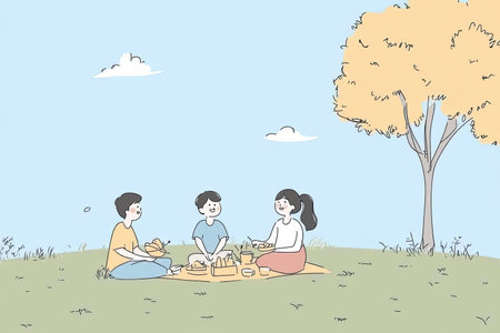 A cheerful illustration of a family enjoying a picnic under a tree on a sunny day. The scene captures moments of laughter, food, and relaxation in nature.の写真素材