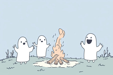 Delightful illustration of friendly ghosts joyfully dancing around a glowing campfire. Perfect for capturing a whimsical, spooky camp vibe in a fun and imaginative setting.の写真素材
