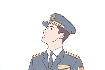 A confident male pilot in a uniform and flight cap stands against a white background, representing...
