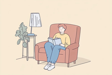 A serene illustration of a person enjoying a book in a cozy armchair. The warm ambiance invites relaxation and solitude, perfect for quiet moments.の写真素材