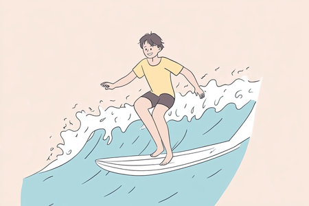 A cheerful illustration of a surfer riding a big wave on a surfboard. The hand-drawn style captures the joy of surfing and the excitement of ocean sports.の写真素材