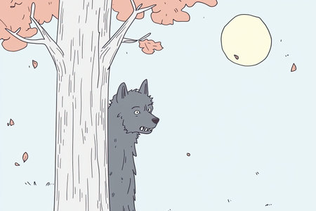 A haunting illustration of a werewolf lurking behind a tree, ready to pounce. The autumn scenery...