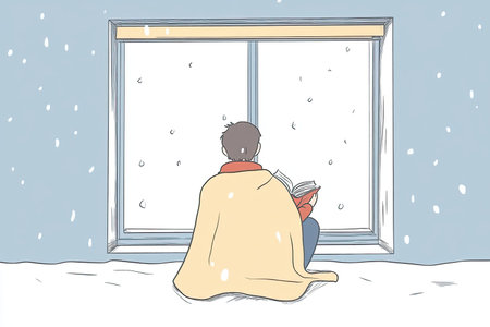 A serene illustration of a person wrapped in a cozy blanket, reading a book by a window during a snowfall, creating a peaceful winter moment.の写真素材