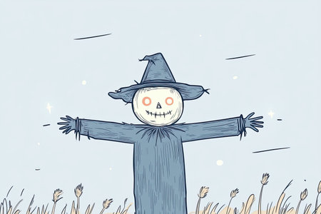 This whimsical hand-drawn illustration features a spooky scarecrow with glowing eyes set against a serene backdrop. Ideal for autumn and Halloween themes.の写真素材