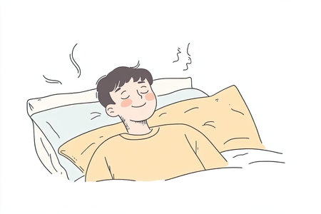 A serene illustration of a person sleeping peacefully in bed, showcasing a healthy lifestyle choice. The comfortable setting emphasizes relaxation and calm.の写真素材