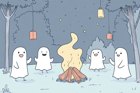 A whimsical illustration of cheerful ghosts dancing around a glowing bonfire under a starry night sky, creating a playful and festive atmosphere.の写真素材