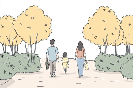 A hand-drawn illustration of a family exploring a botanical garden. The scene captures joyful moments, lush greenery, and connections in a serene outdoor setting.の写真素材
