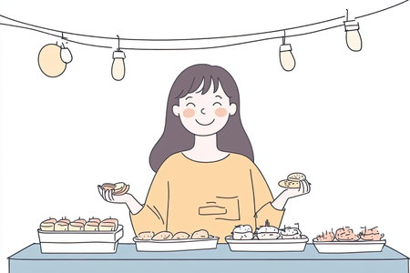 A traveler delights in a vibrant night market, savoring delicious street food. The scene captures the joyful atmosphere filled with colorful dishes and warm lights.の写真素材