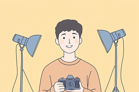 A cheerful photographer poses in a studio, holding a camera with soft lighting and a warm atmosphere, representing creativity and passion for photography.の写真素材