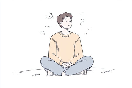 A solitary person sits on the ground, looking pensive and anxious. The sketch evokes feelings of contemplation and uncertainty, reflecting deep thoughts.の写真素材