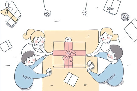 A heartwarming top view of a family joyfully wrapping gifts together on the floor, creating memories filled with love and celebration during a festive season.の写真素材