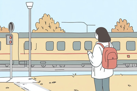 A serene scene of a traveler waiting at a train station, surrounded by picturesque countryside. The traveler looks forward to the journey ahead, embodying wanderlust and adventure.の写真素材