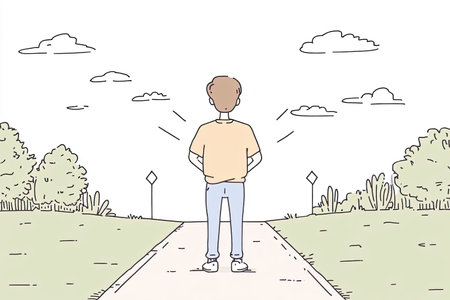 A businessperson stands at a crossroads, contemplating choices ahead. This illustration captures a moment of decision, with a serene landscape in the backdrop, symbolizing opportunity and reflection.の写真素材