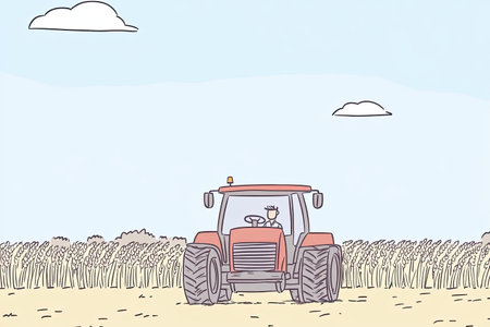 A farmer driving a red tractor through a golden wheat field under a clear sky, showcasing the beauty of agriculture and rural life during harvest season.の写真素材