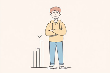 A confident young businessperson stands in front of a rising growth chart. This illustration symbolizes success, motivation, and professional achievement in a stylish design.の写真素材