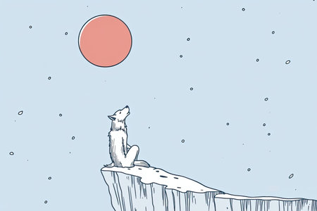 A howling wolf perched on a cliff under a vibrant red moon. This serene and mystical illustration...