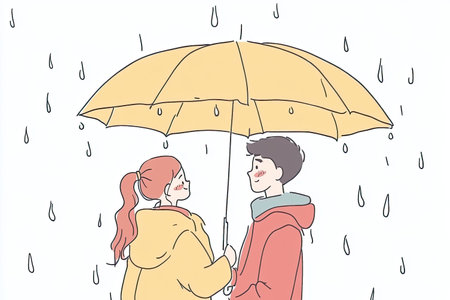 Two people share a bright yellow umbrella while enjoying a rainy day. The illustration captures a cheerful moment of connection and warmth amidst sparkling raindrops.の写真素材