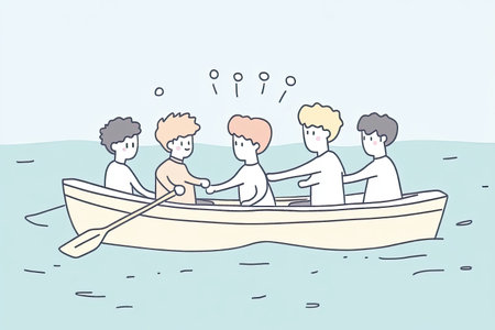 A vibrant illustration showcasing a team of individuals rowing in unison, symbolizing collaboration...