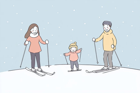 A charming illustration of a family skiing gently on a snowy slope, showcasing joy and togetherness in a winter wonderland scene. Perfect for family-oriented themes.の写真素材