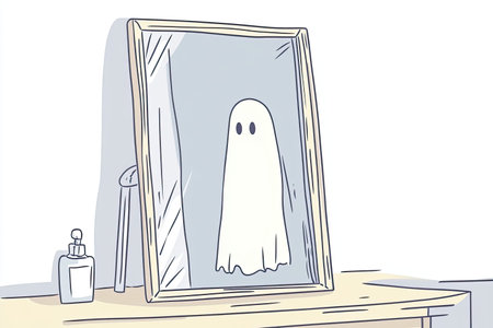 A haunting illustration of a ghostly figure emerging from a mirror, evoking feelings of mystery and the supernatural. Perfect for eerie decor or storytelling.の写真素材
