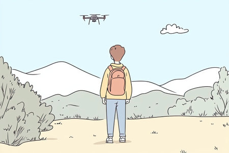 A person stands in a scenic outdoor setting, watching a drone flying overhead. The landscape features mountains and soft clouds, creating a serene atmosphere.の写真素材