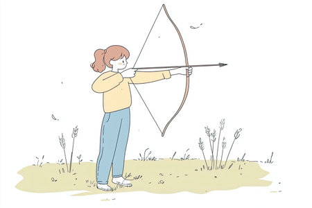 A hand-drawn illustration of a person practicing archery in an open field. The image captures focus...