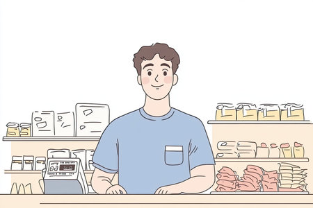 A friendly cashier stands behind the register in a supermarket, ready to assist customers with their purchases. The bright and organized display showcases various products.の写真素材