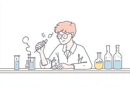 A scientist conducts an experiment with various chemicals in a laboratory setting. The image...