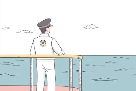 Captain on Bridge Overlooking Vast Ocean View