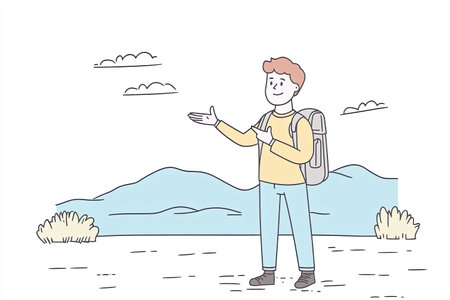 A cheerful park ranger gives a tour in a national park, surrounded by scenic mountains and a blue sky, inviting visitors to explore the great outdoors.の写真素材