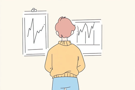 A person stands in front of digital savings charts, analyzing finance data and trends. This...
