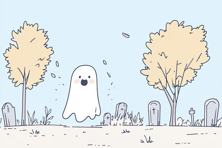 A whimsical illustration of a friendly ghost floating in a serene graveyard, surrounded by tombstones and trees. Perfect for seasonal projects.の写真素材