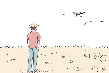 A farmer observes a drone flying overhead to monitor crop health in a large field, showcasing the...