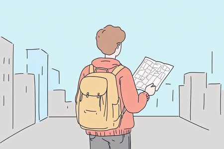 A person stands with a map and backpack, navigating through an urban environment. This illustration...