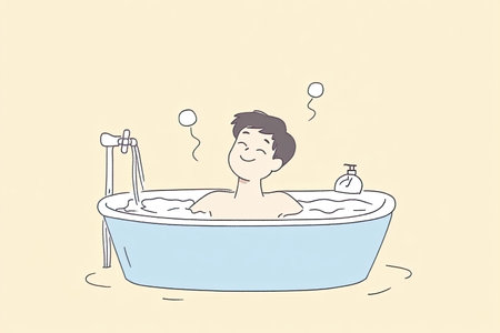 A cheerful person enjoying a soothing bath in a serene environment. The scene captures relaxation and tranquility, offering a perfect escape from daily stresses.の写真素材