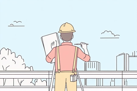 An engineer sketches plans under a bridge construction site, highlighting the importance of surveying in urban development and infrastructure improvement.の写真素材