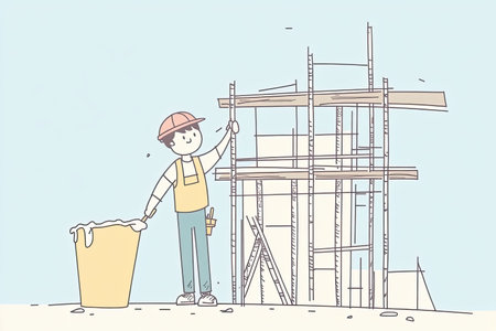 A construction worker engaged in pouring cement at a busy construction site. The scene showcases tools and scaffolding, highlighting labor and teamwork.の写真素材