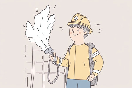 A firefighter in action, bravely spraying water on a burning building to control the flames. The...